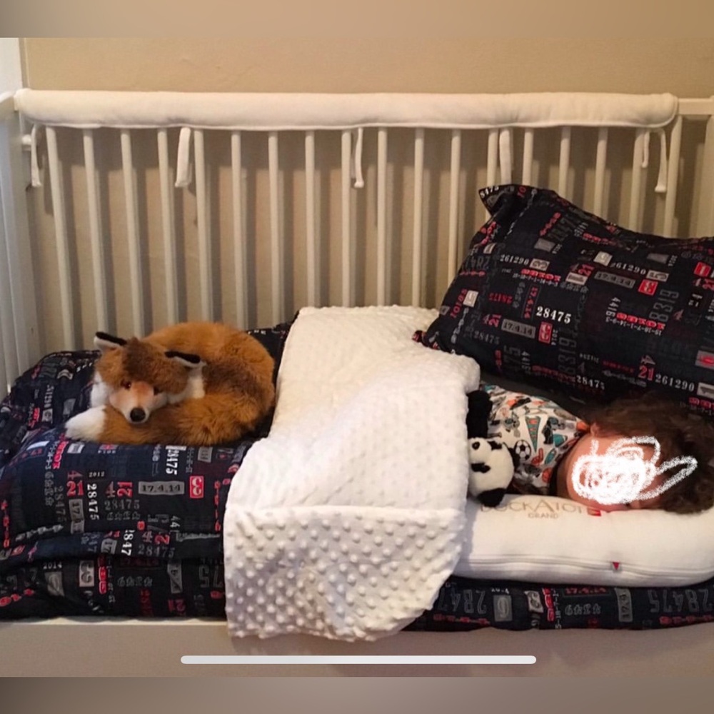 Beddys Toddler Bedding- navy code pattern with minky